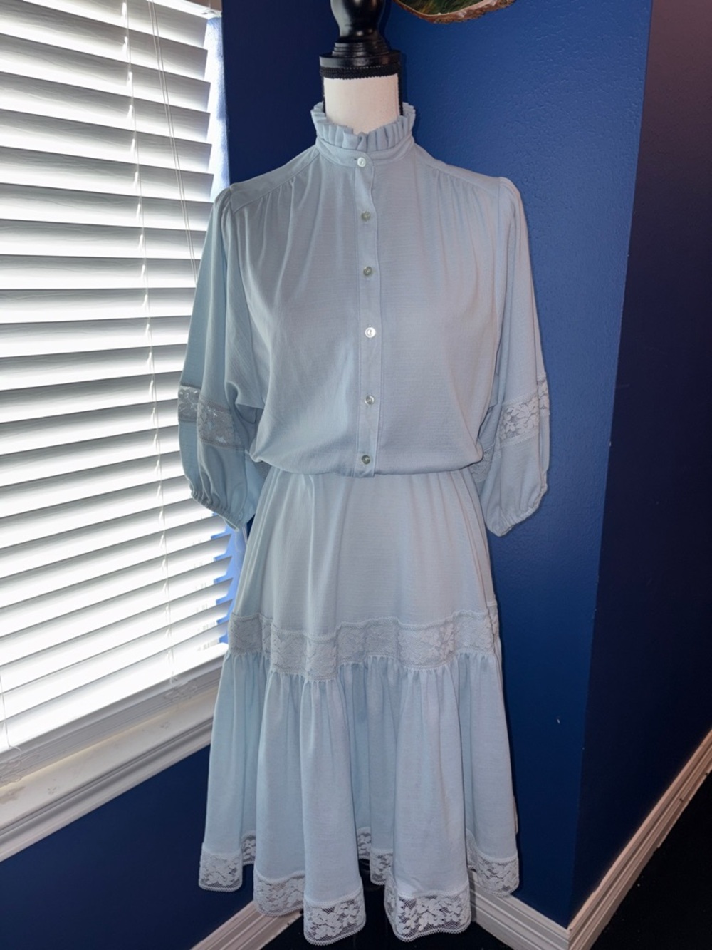 💙 Vintage 1970s Montgomery Ward Light Blue Lace Dress | Romantic Prairie Charm